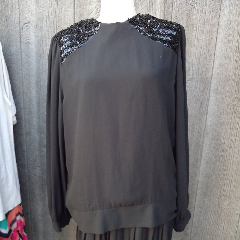 NOS Vintage Black Sheer Drop Waist Dress Sequin Shoulders sz 16 1 Button Gone